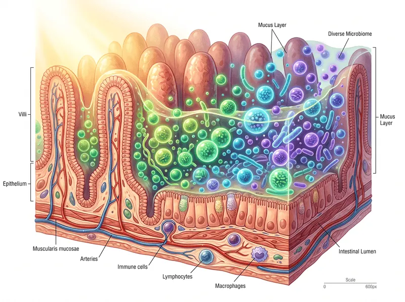 Healthy intestinal wall cross-section showing diverse microbiome